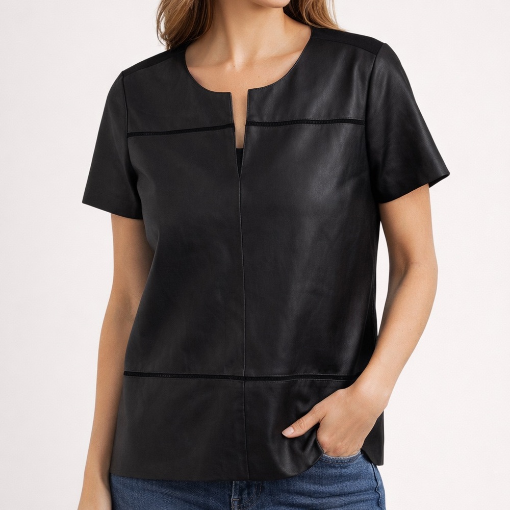 Ecru Black Leather Top Size S Short Sleeve Chic Minimalist Luxe Modern